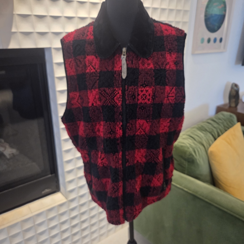 Vintage Woolrich Buffalo Plaid Fleece Vest, Velour Collar 90s Cabincore Large - Picture 4 of 12